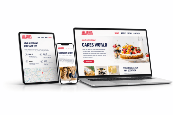 mobile tablet and laptop devices cake world